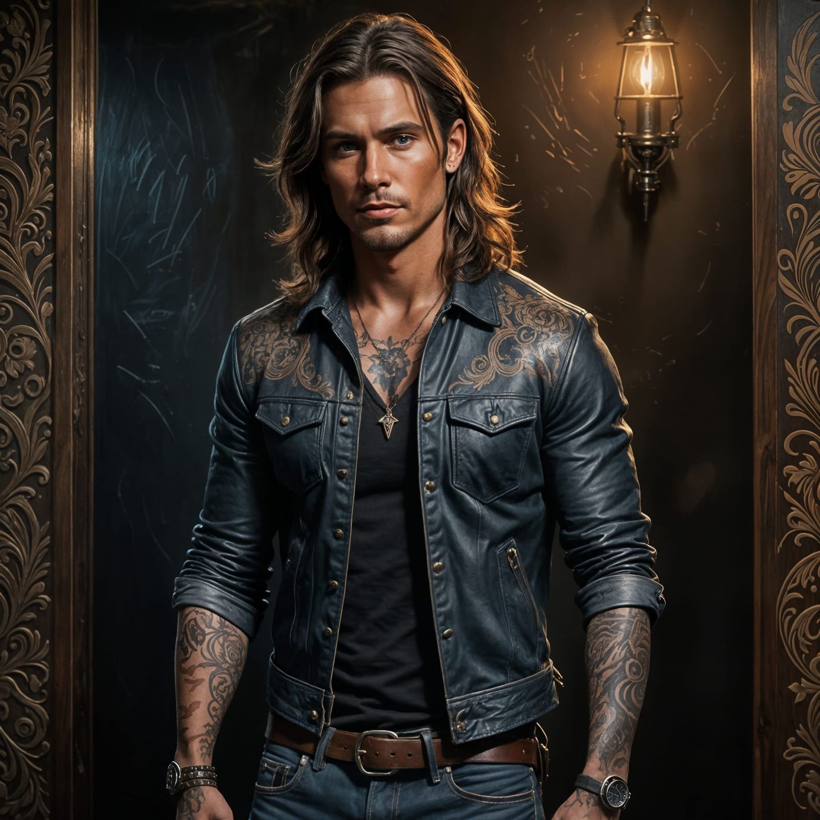 Tattooed Man in Leather Jacket, Long Brown Hair