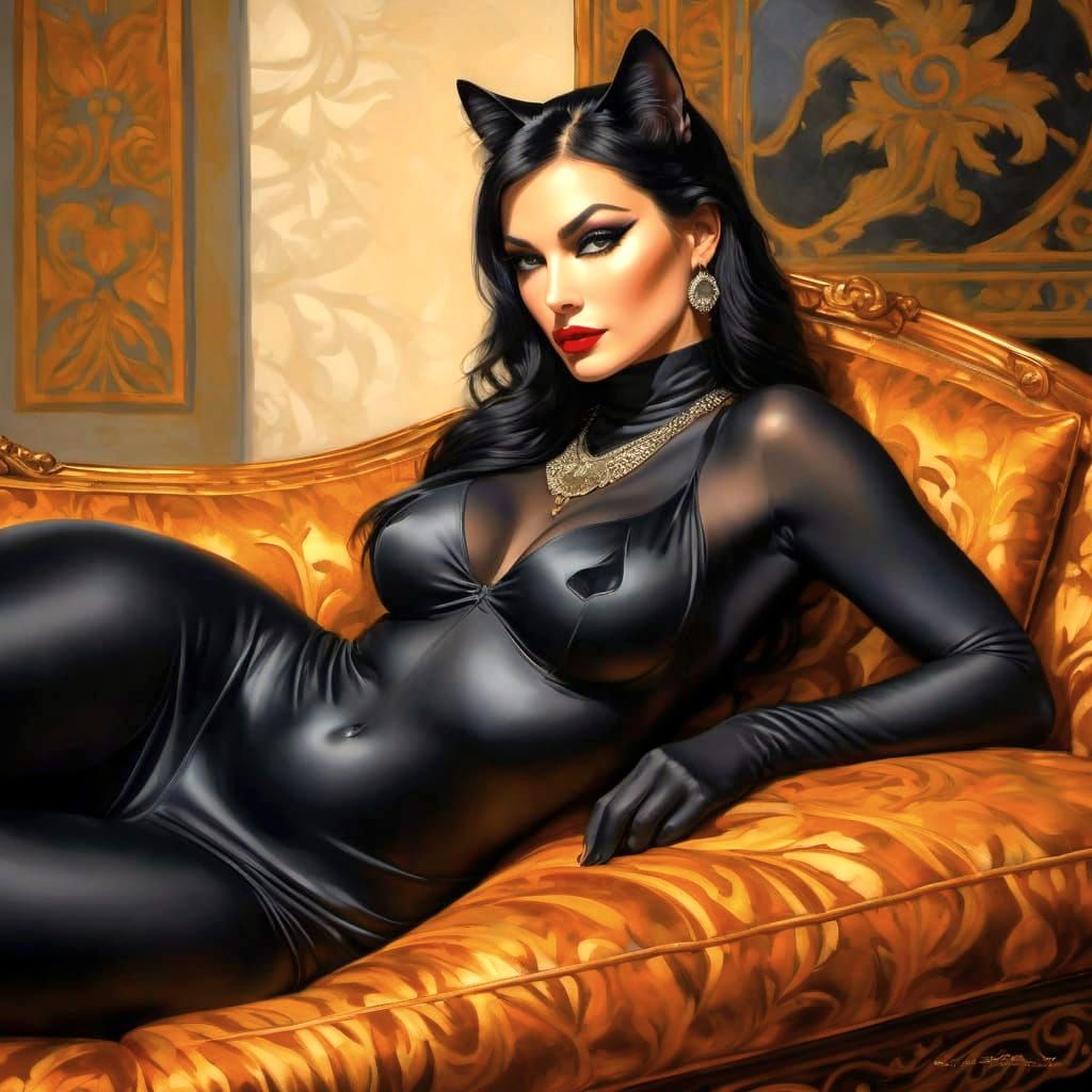 Sultry Feline Goddess on Roman Villa Couch