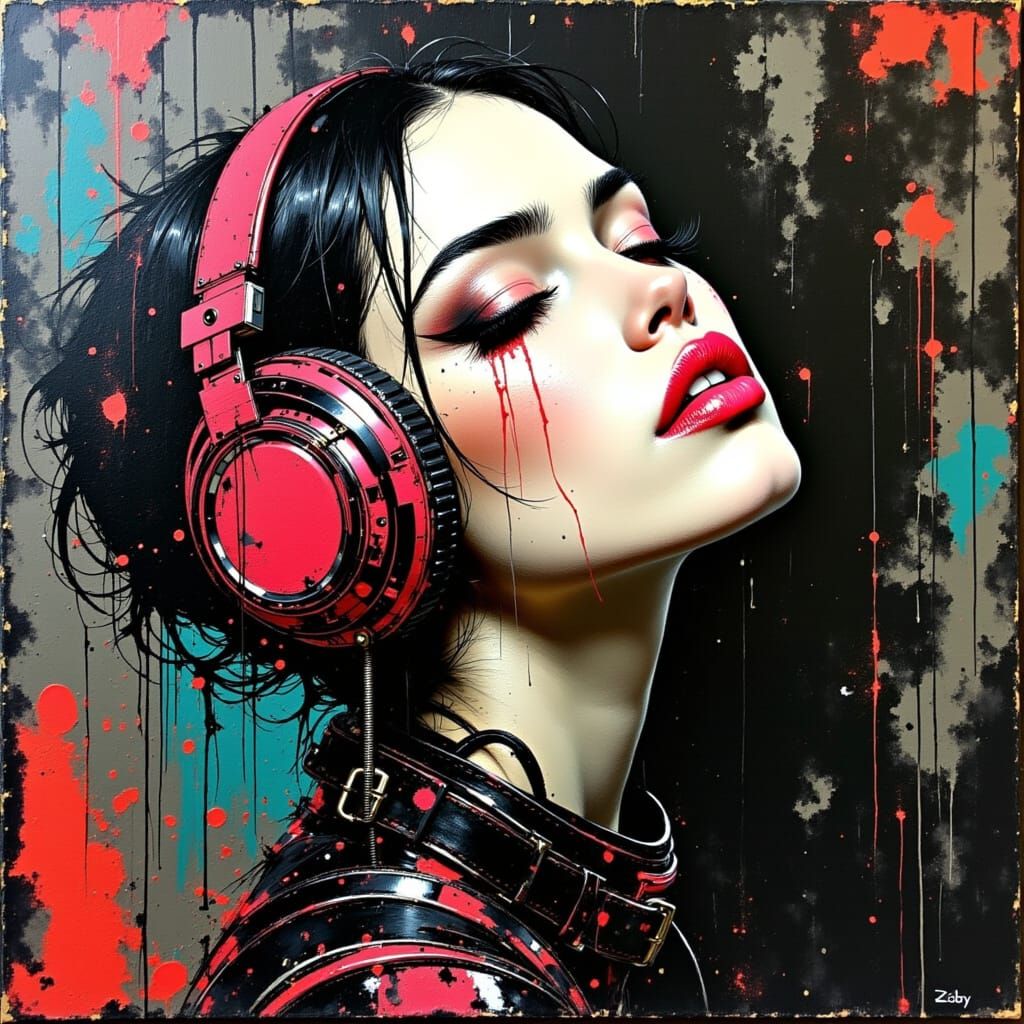 Cyberpunk Woman with Headphones as Impasto Oil Painting