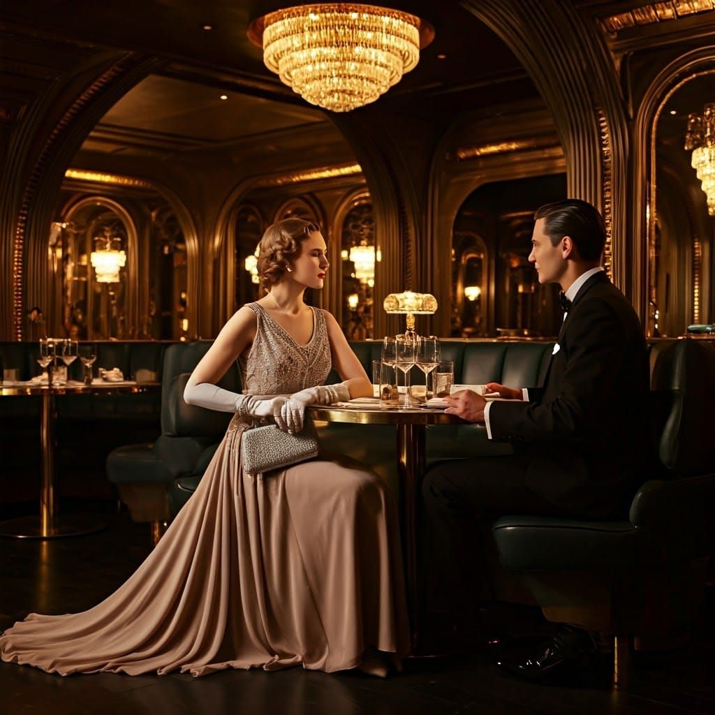 Elegant Couple in Avant-Garde Restaurant, Photorealistic Sty...