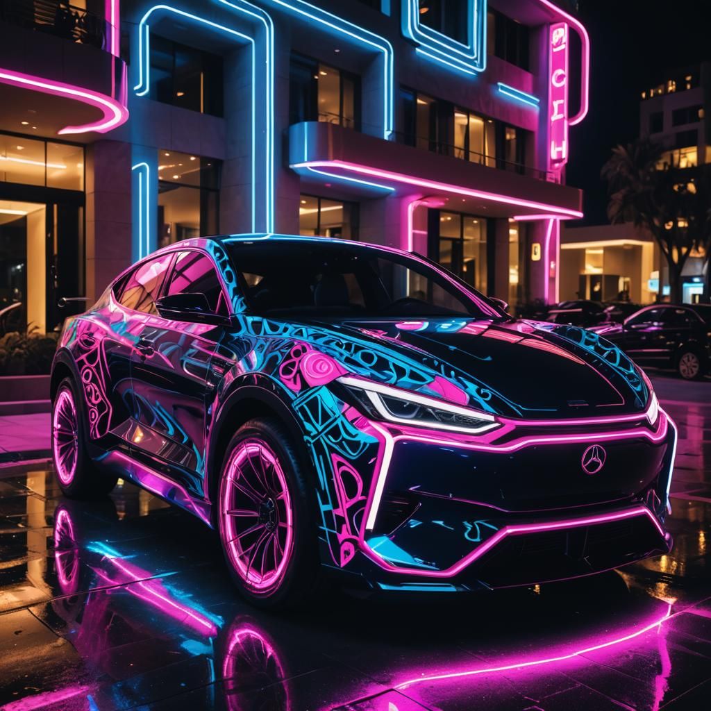 Futuristic Neon Car in Abstract Expressionism Style