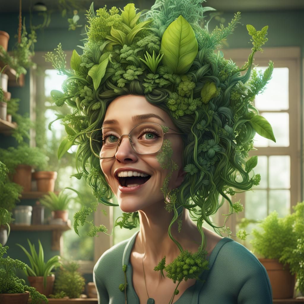 Whimsical Plant Lady's Mind as Detailed Matte Painting