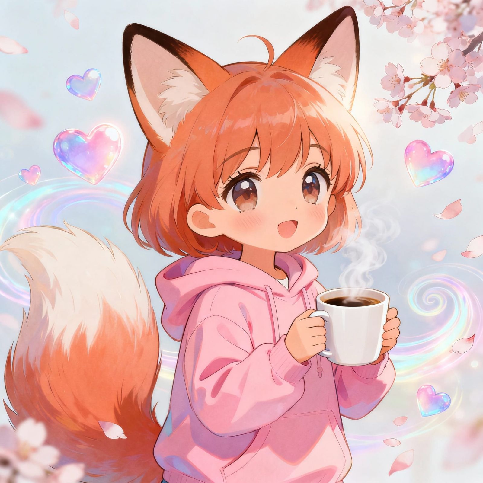 Cute Chibi Fox-Girl With Coffee in Pastel Anime Style