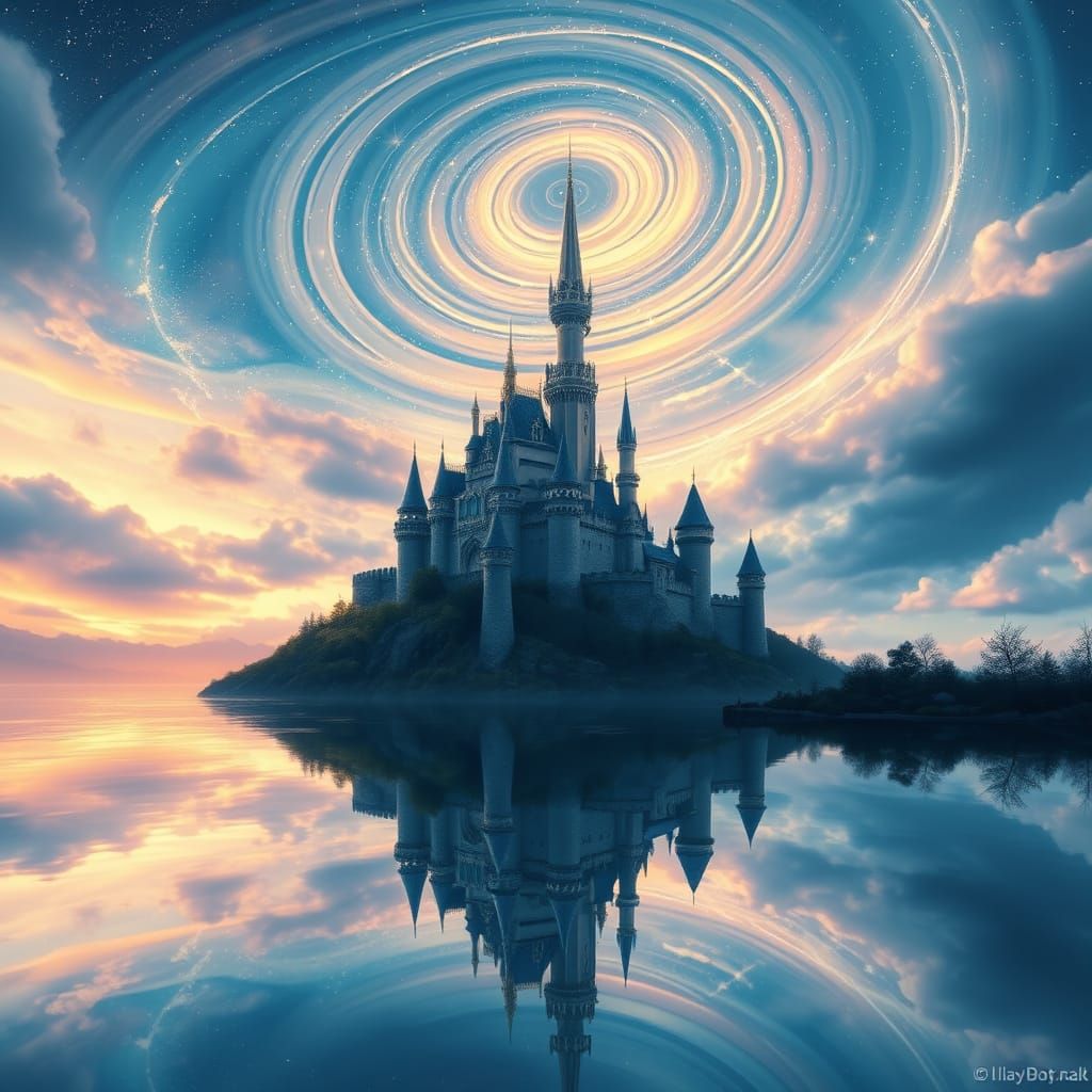 Enchanted Castle in Sky Over Reflective Lake