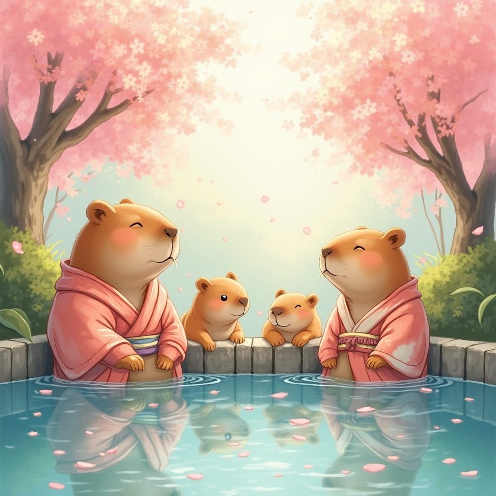 Capybaras in Serene Cherry Blossom Hot Springs
