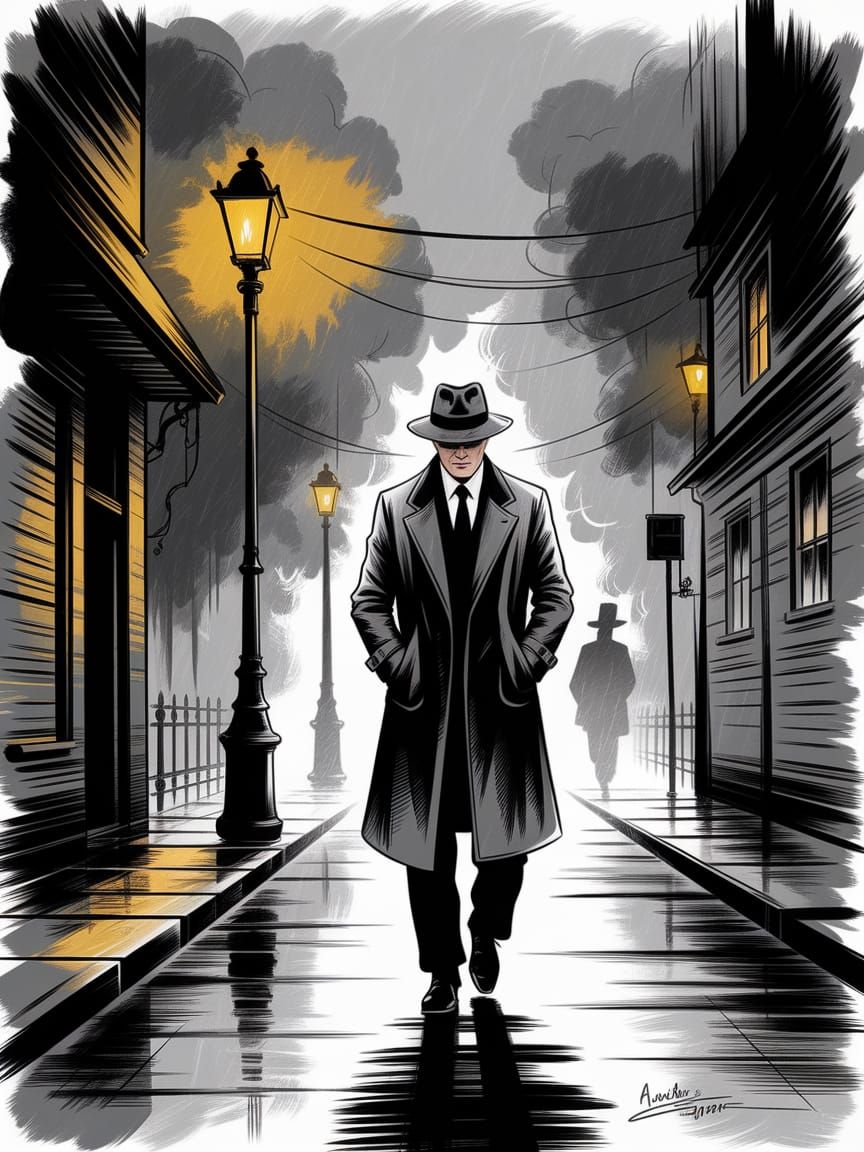 Man Walking in Rainy Alley at Night Ink Wash