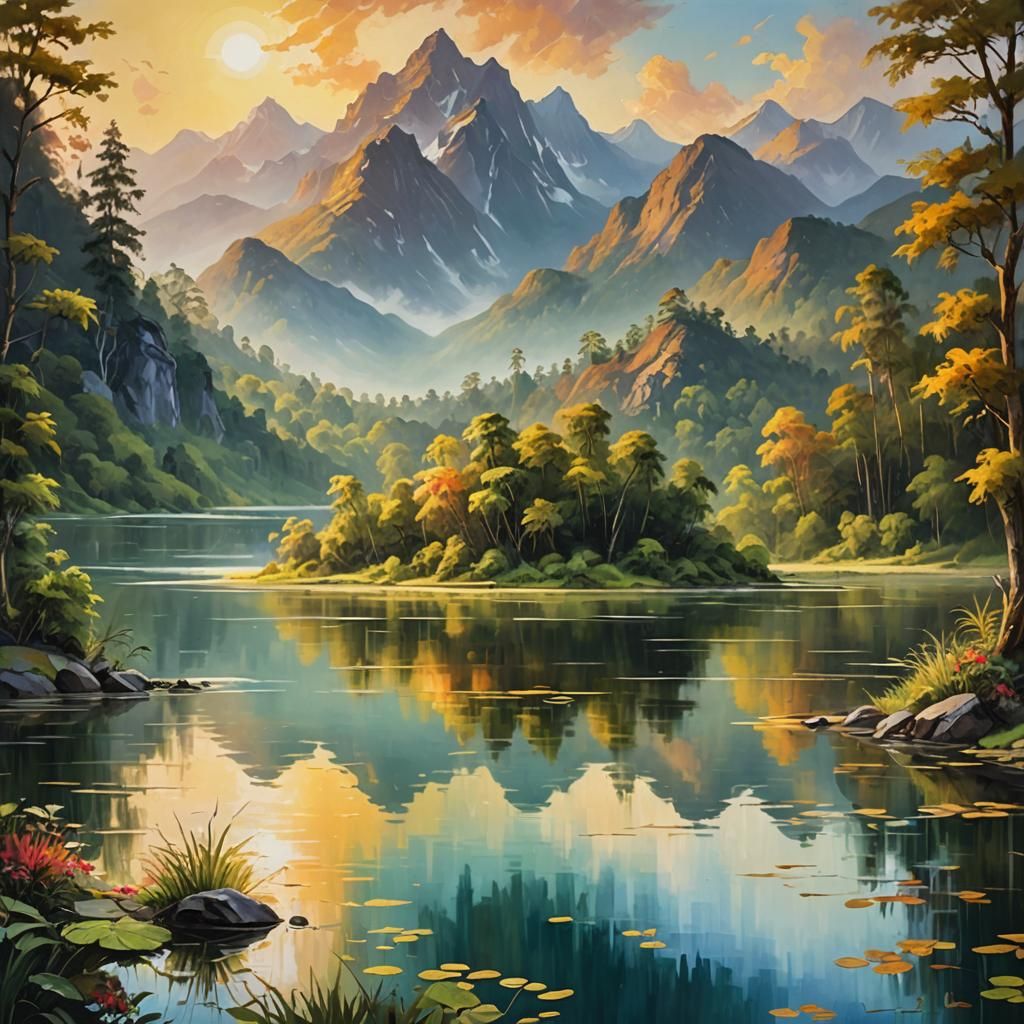 Majestic Mountain Lake: Impressionist Oil Painting
