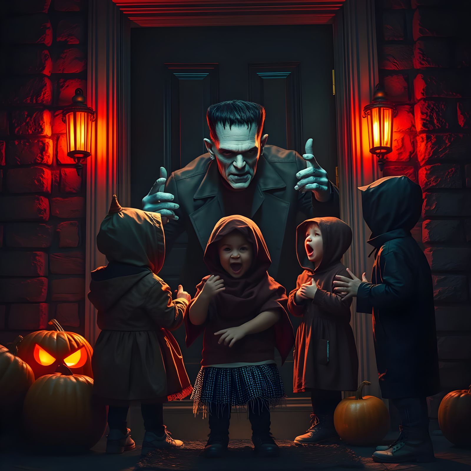 Halloween Fright: Kids Encounter Frankenstein in Dark Thrill...
