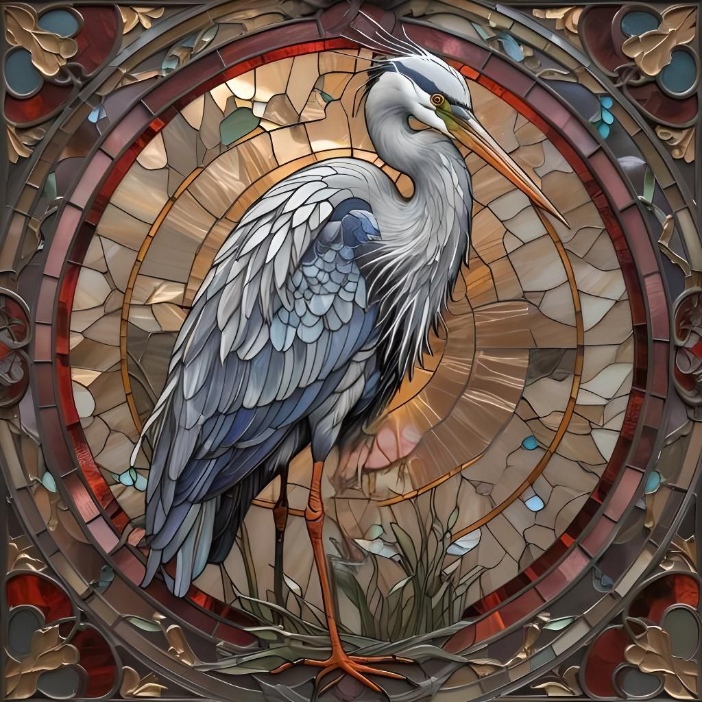 Elegant White Heron in Stained Glass Style