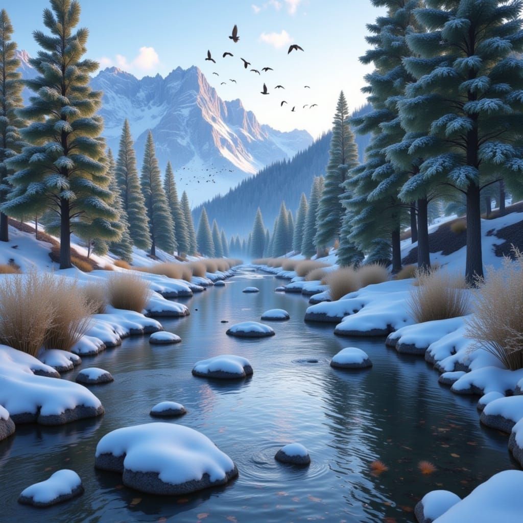 Hyperrealistic Fly Fishing in Snowy Mountain Stream