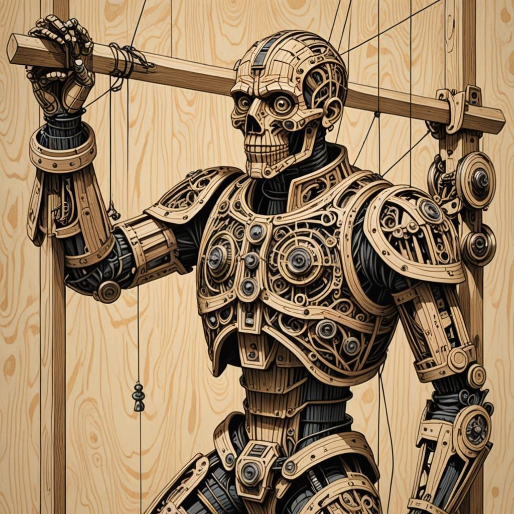 Surreal Wooden Puppet in Intricate Mechanical Suspension