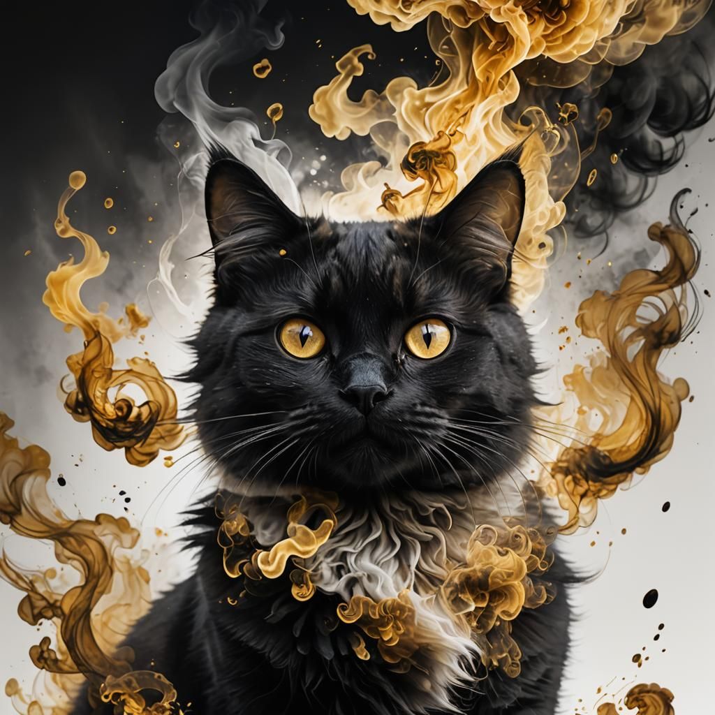 Ethereal Black Smoke Cat Portrait in Techno Shamanism Style