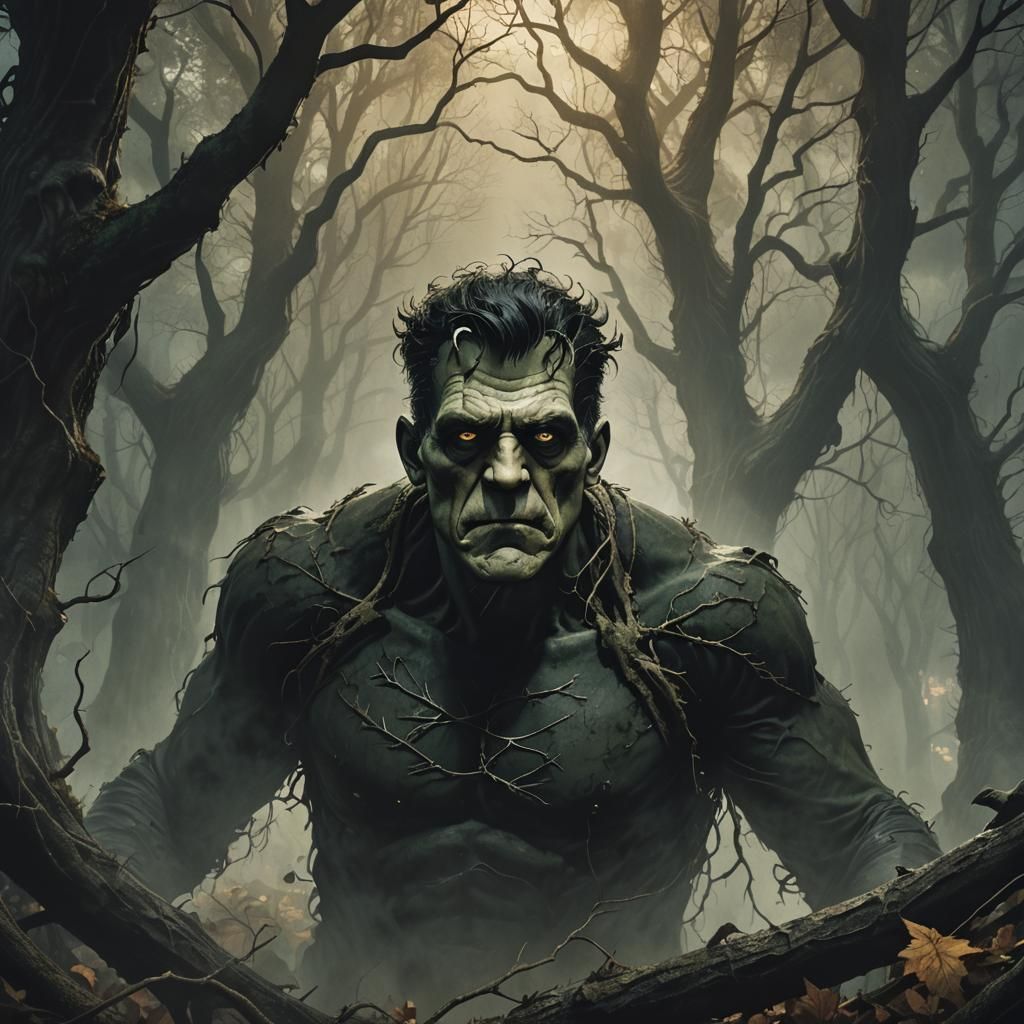 Handsome Frankenstein's Monster in Dark Fantasy Forest