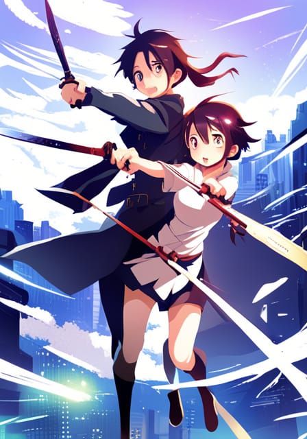 Anime Knight Girl vs. Dog-Eared Boy: Digital Art