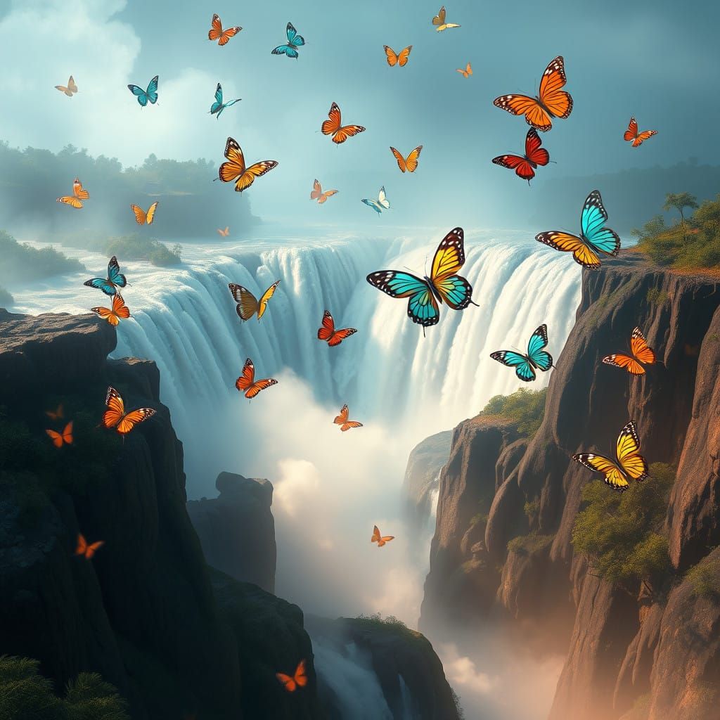 Whimsical Butterflies Dance Over Victoria Falls in Dreamlike...