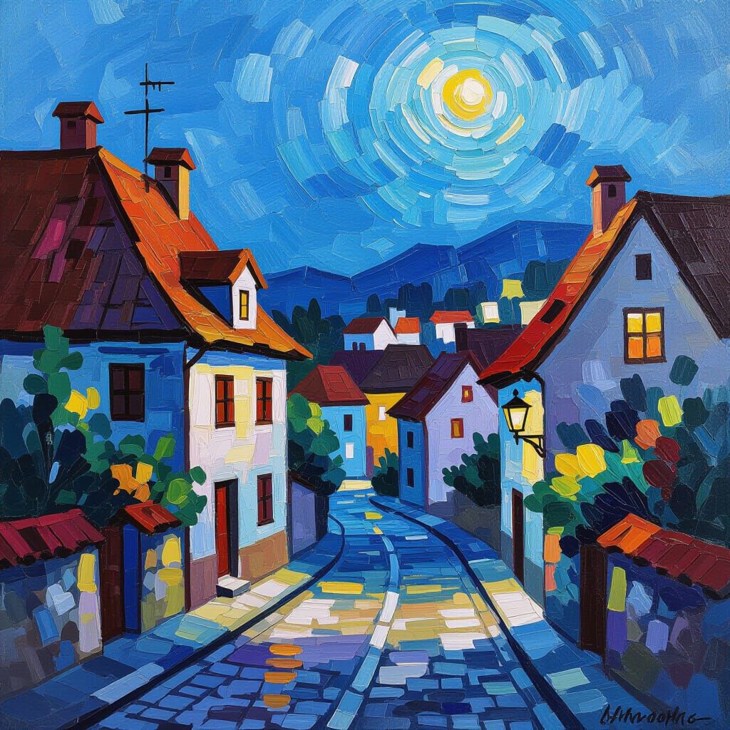 Luminous Village at Night in Gouache Style