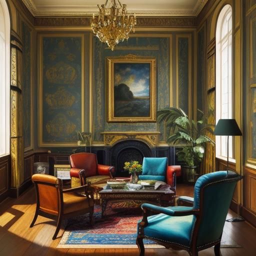 Vibrant Gouache Masterpiece of a Grand Library Room