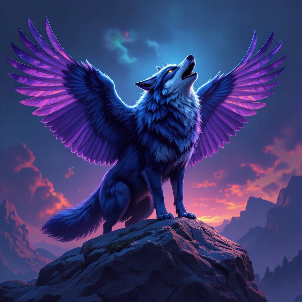 Mythical Wolf with Owl Wings Howling on Rock, Vibrant Splash...