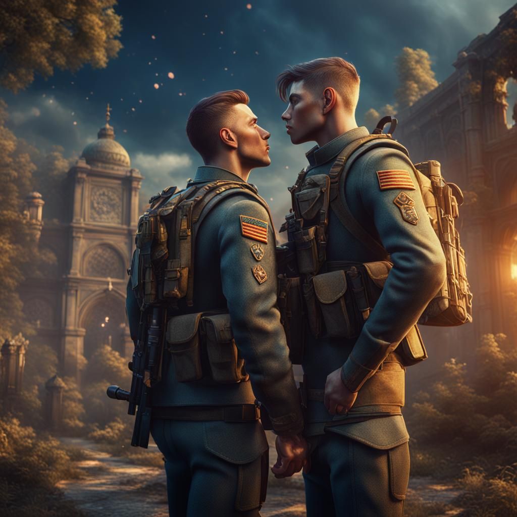 Soldiers' Afternoon Kiss: Detailed Fantasy Concept Art