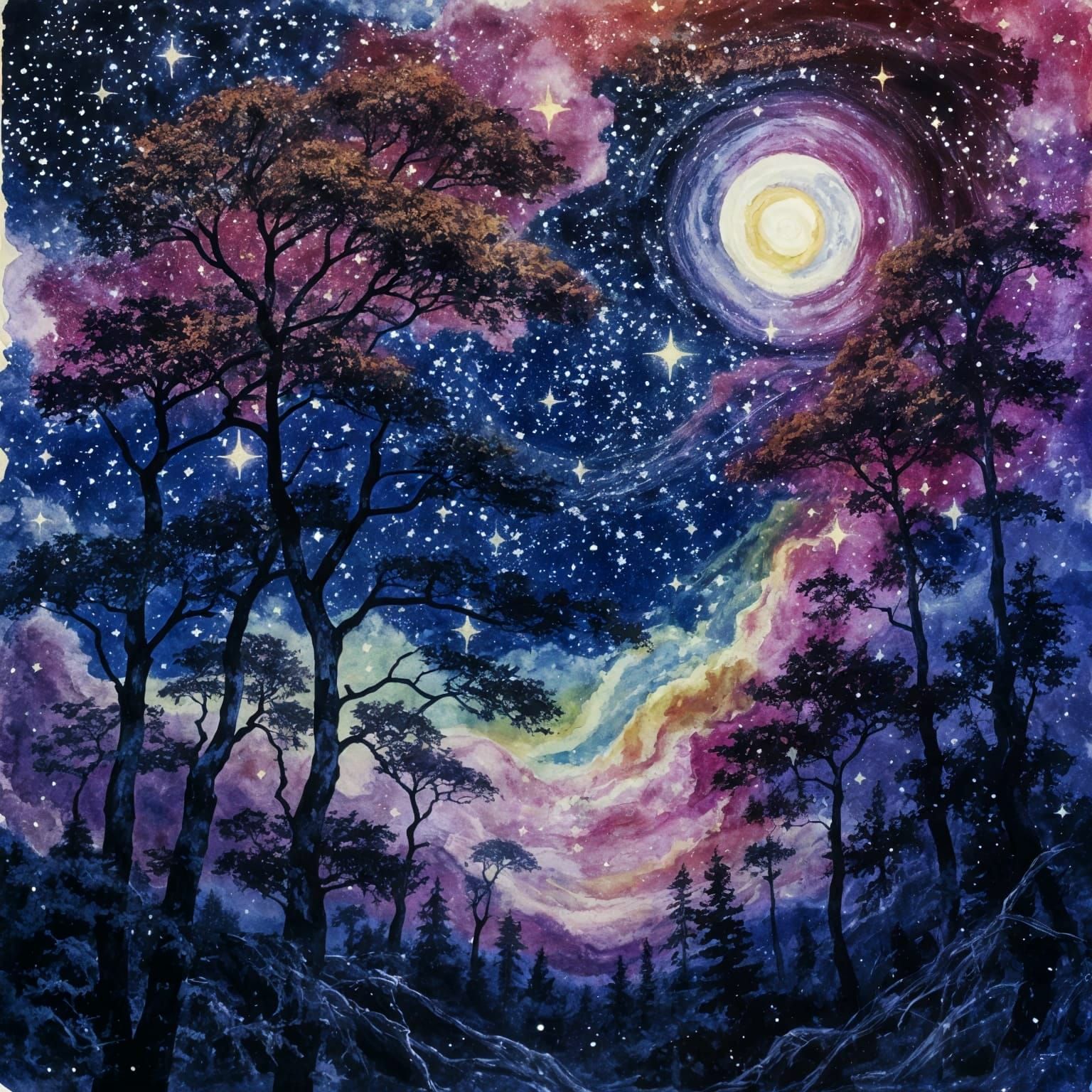 Alcohol Ink Forest Night Sky Portrait