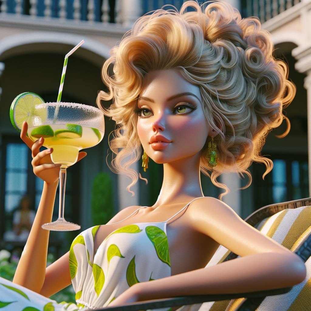 Disney Pixar style 3D beautiful woman, blonde hair in a messy bun with loose curls, wearing a white dress with lime patt...