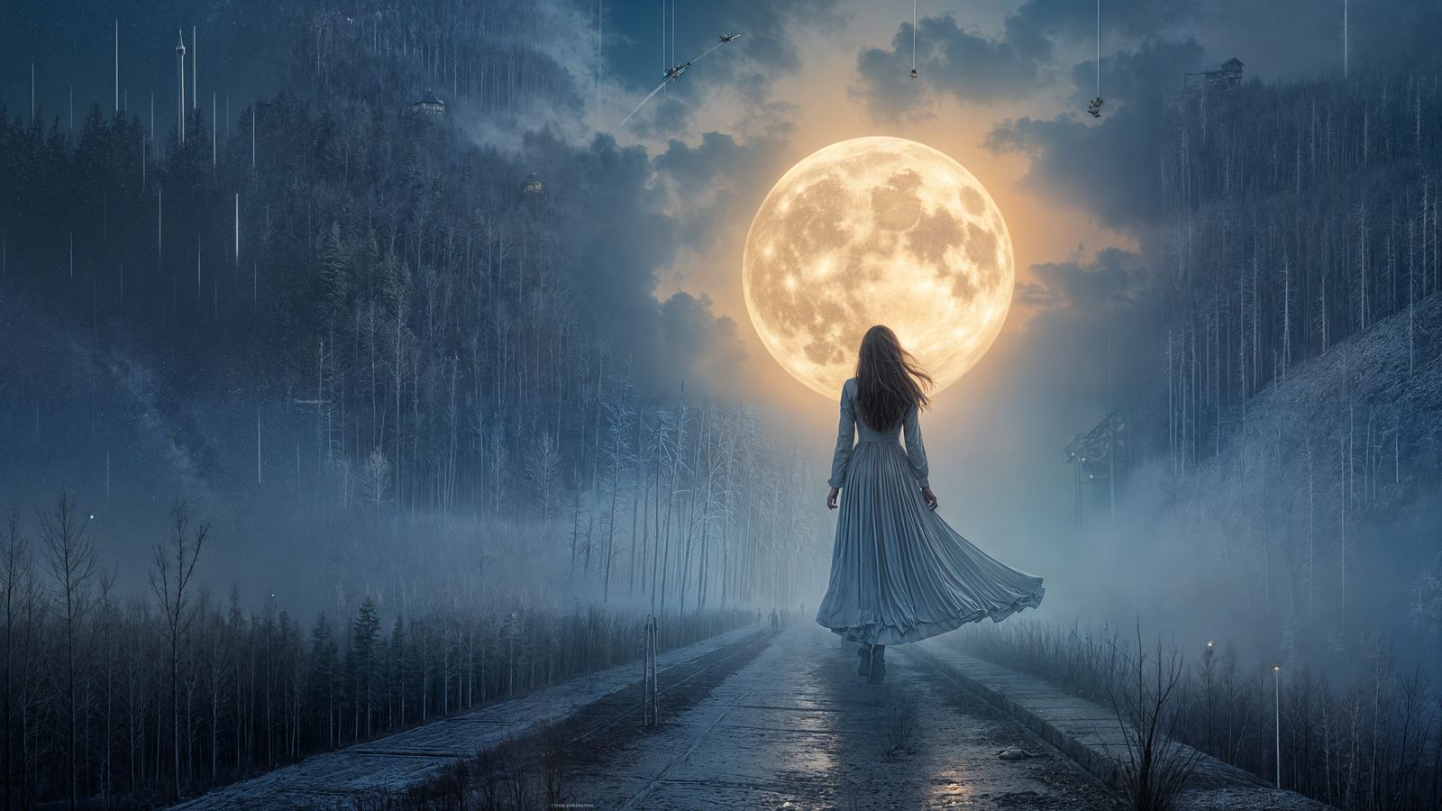 Ethereal Nightscape: Moonlit Rain and Soulful Radiance