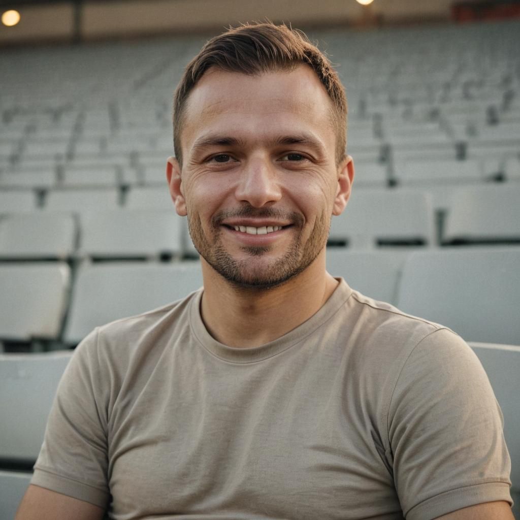 Photorealistic Portrait of Smiling Slavic Man in Stadium