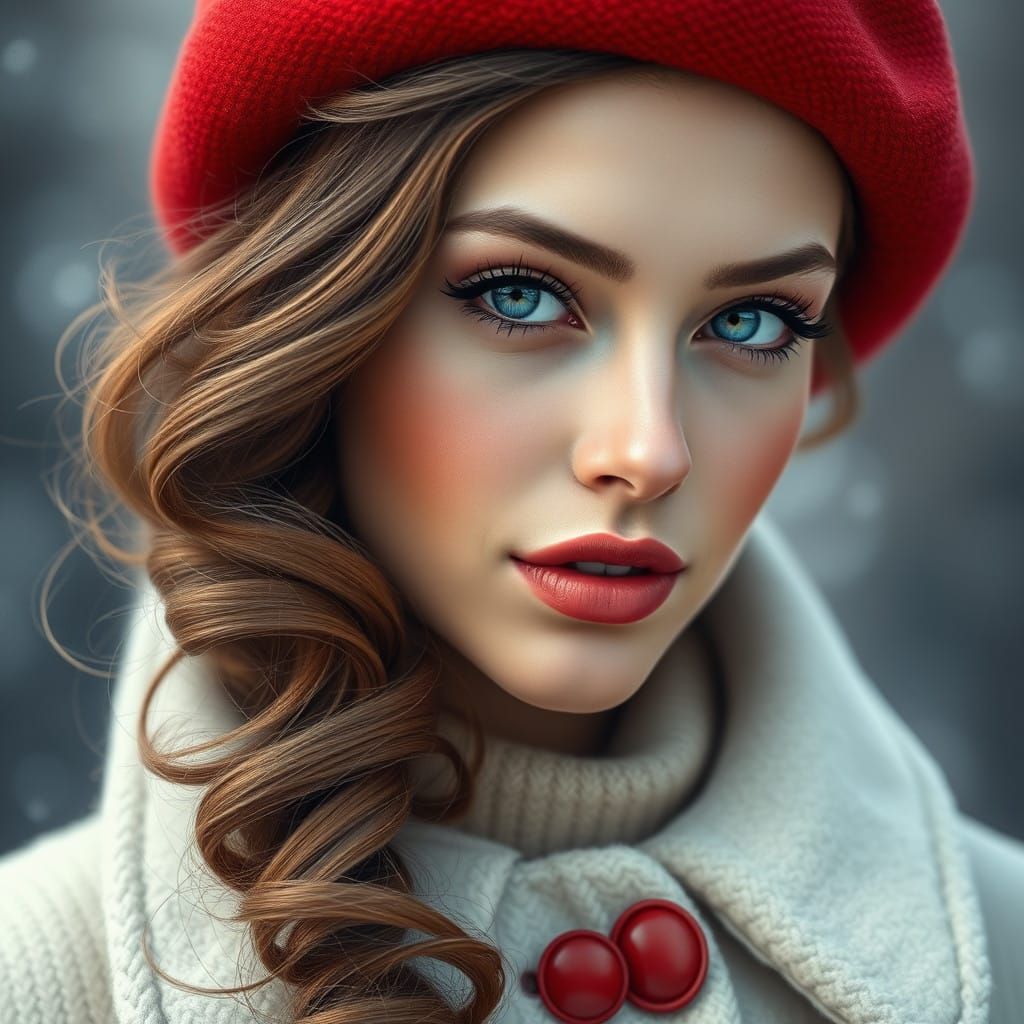 French Red Beret Beauty in Winter Wonderland