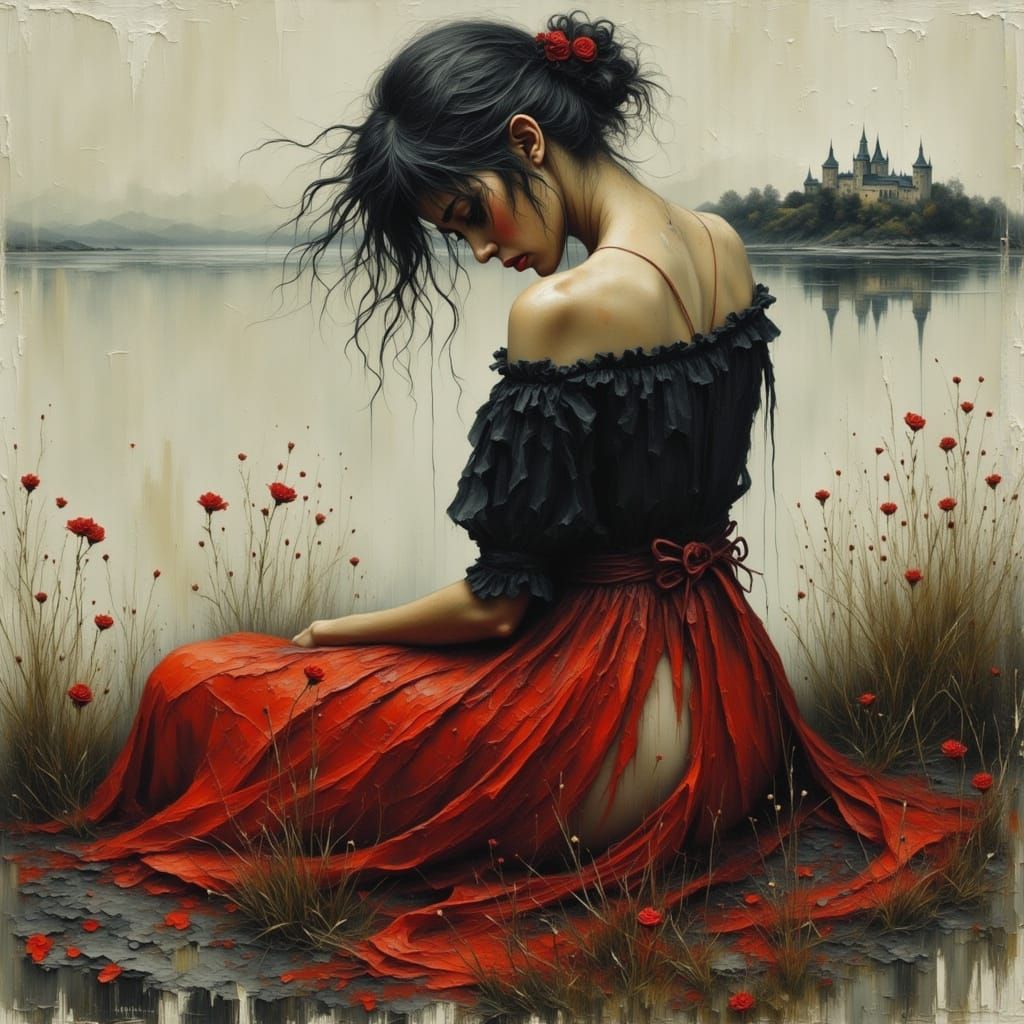 Woman on Lakeshore in Grunge Impasto Style