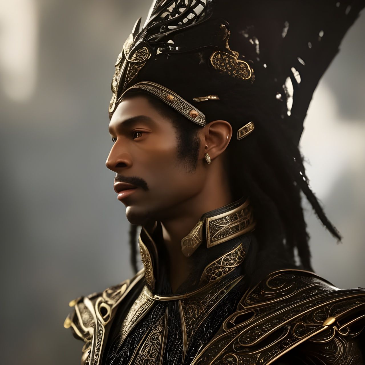 Maellic the Jubilee is a strikingly handsome black man, Melanin, crotch grabbing male elven bard playing a mandolin, pie...