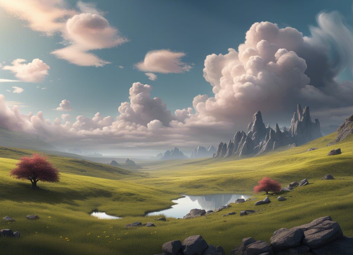 Fantasy Meadow Matte Painting with Clouds