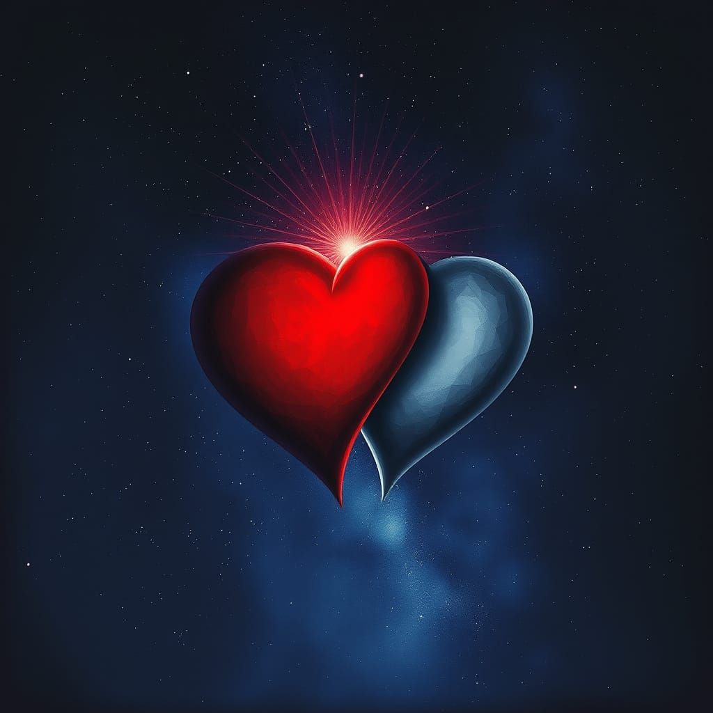 Cosmic Hearts Drifting Apart in Surreal Celestial Art