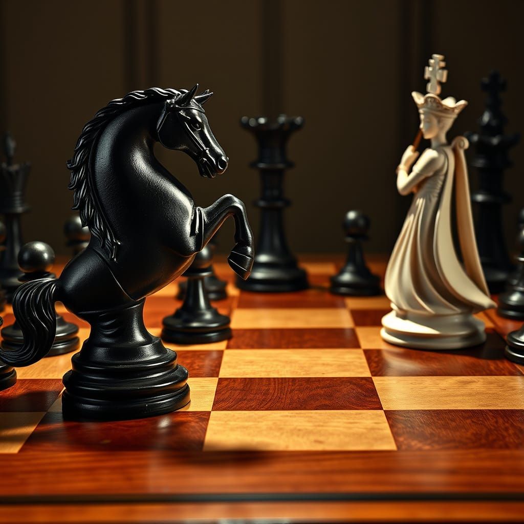 Intense Chess Battle: Knight vs. Bishop on Wooden Board