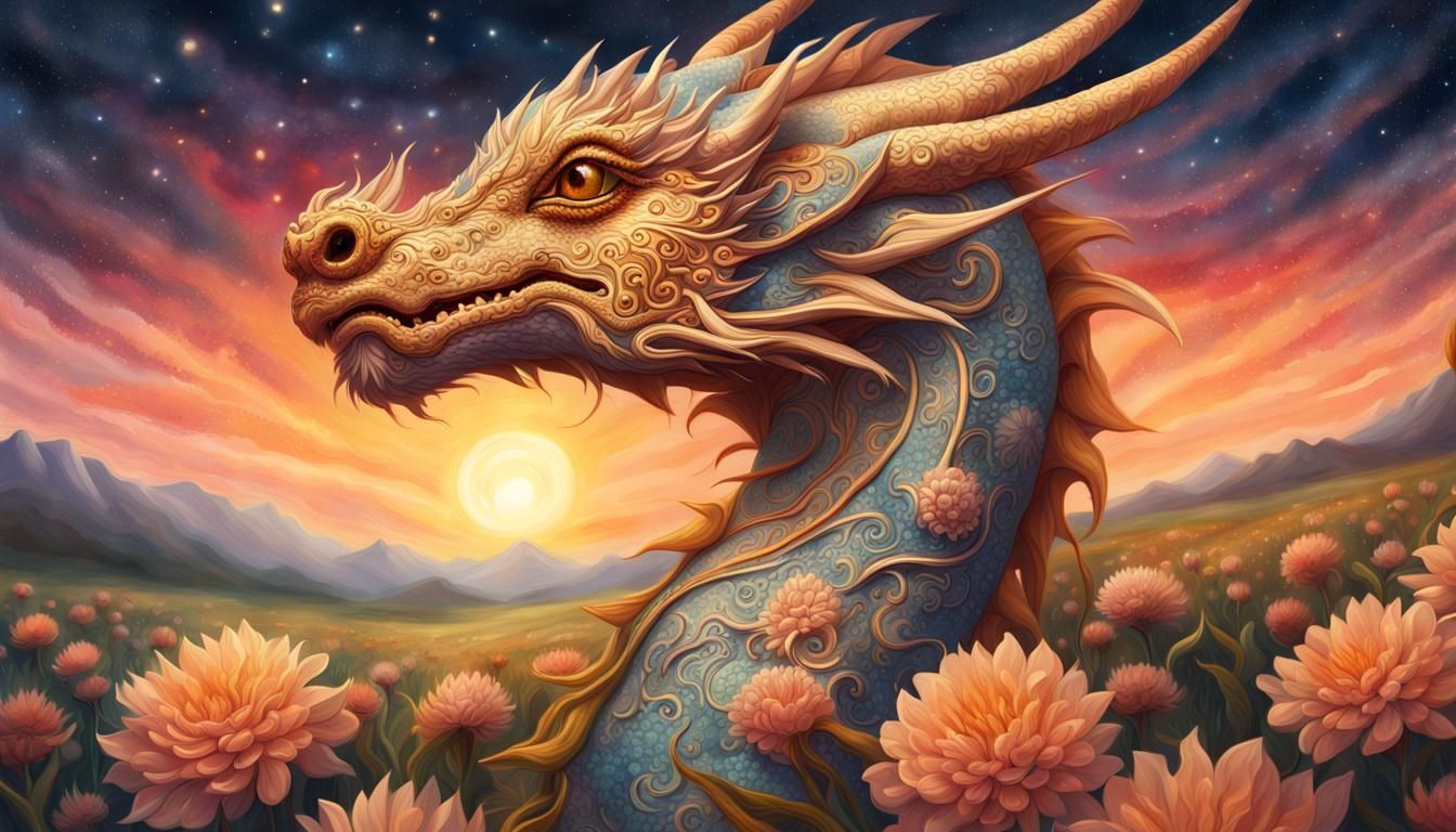 Ornate Fantasy Sun Dragon in Flower Field