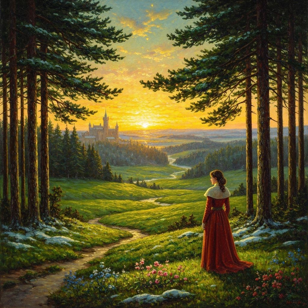 Serene Winter Landscape Painting with Golden Sunset