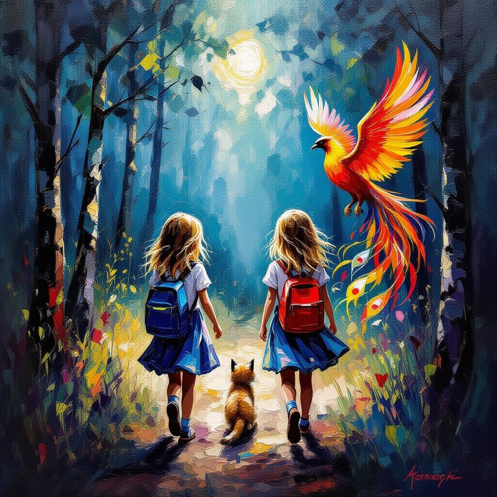 Girls Wander Through Dark Forest in Expressionist Style