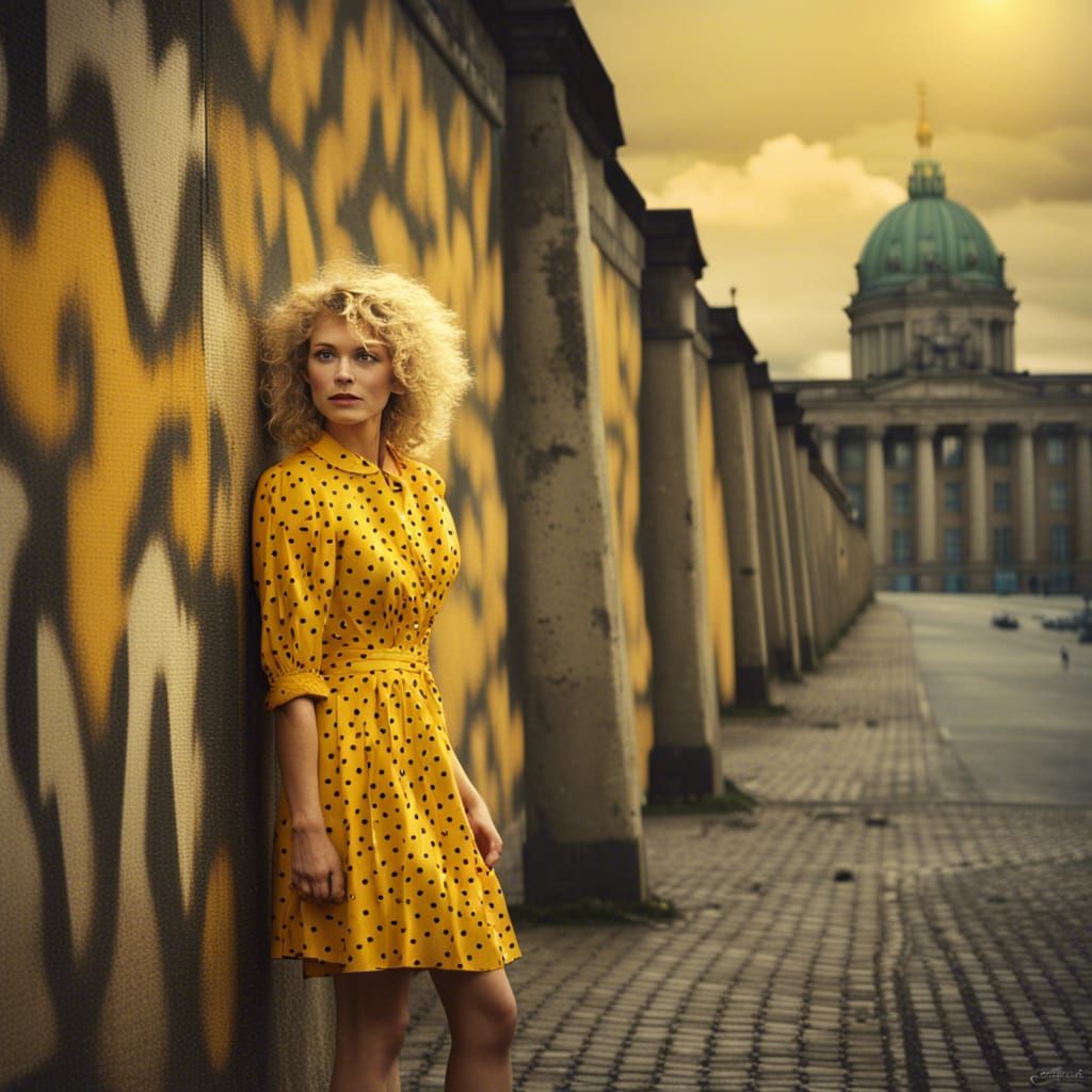 Blonde Woman by Berlin Wall in 80s Style
