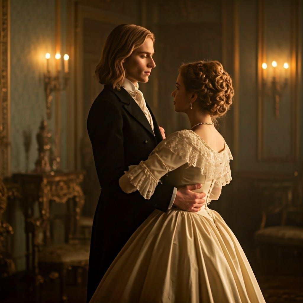 Victorian Cross-Dressed Man in Ballgown Waltzes in Parlor