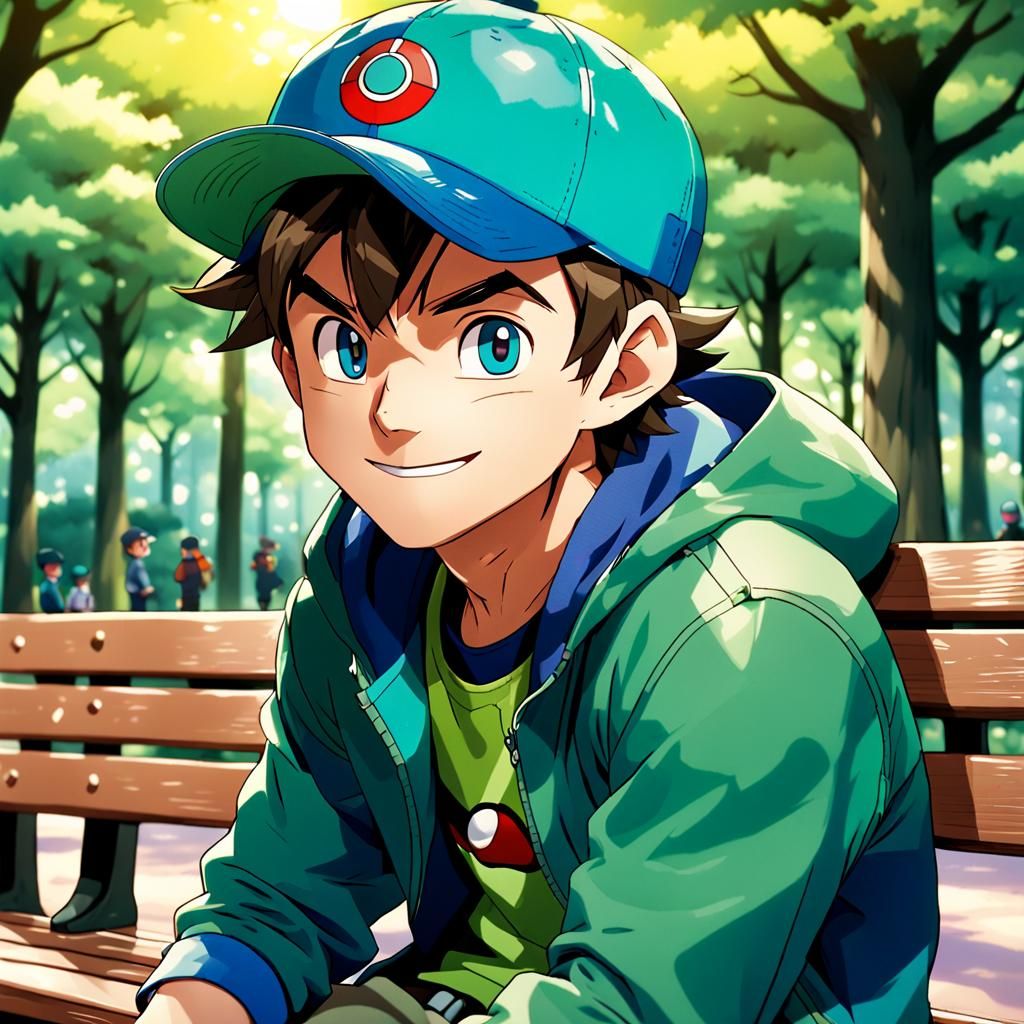 Anime Pokémon Trainer on Bench, Cel-Shaded Style
