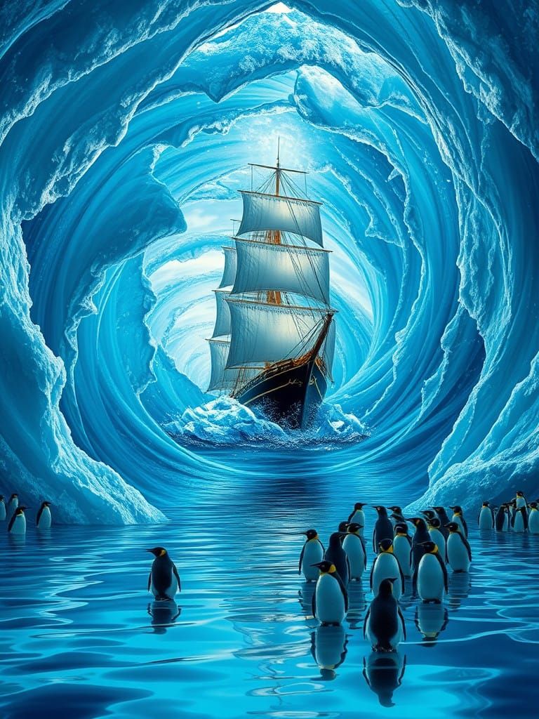 Ship in an Infinite Ice Vortex, Penguins Watching