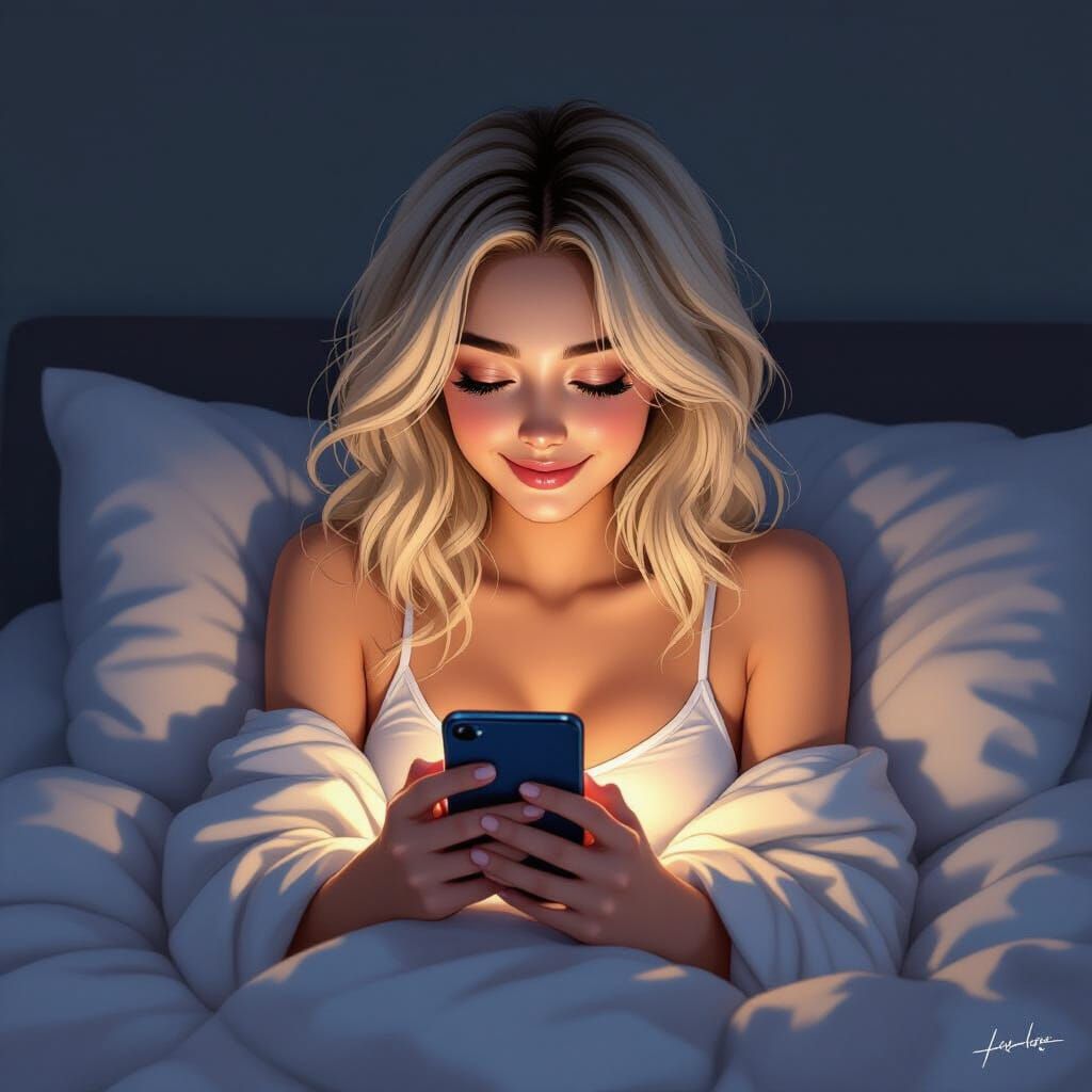 Woman Scrolling on Phone in Bed, 3D Anime Art