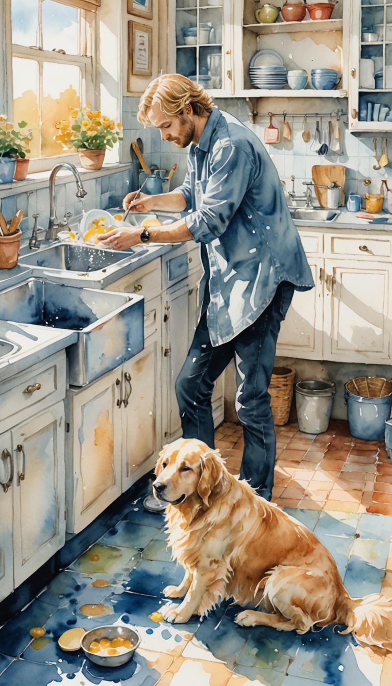 A Man and His Faithful Companion Washing Dishes in a Whimsic...