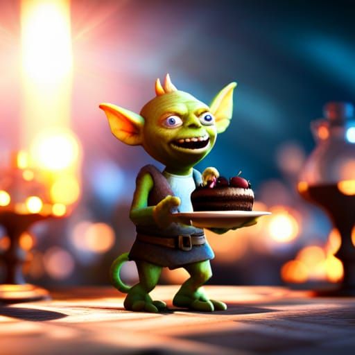 Happy Goblin Enjoying Chocolate Truffle in Tavern