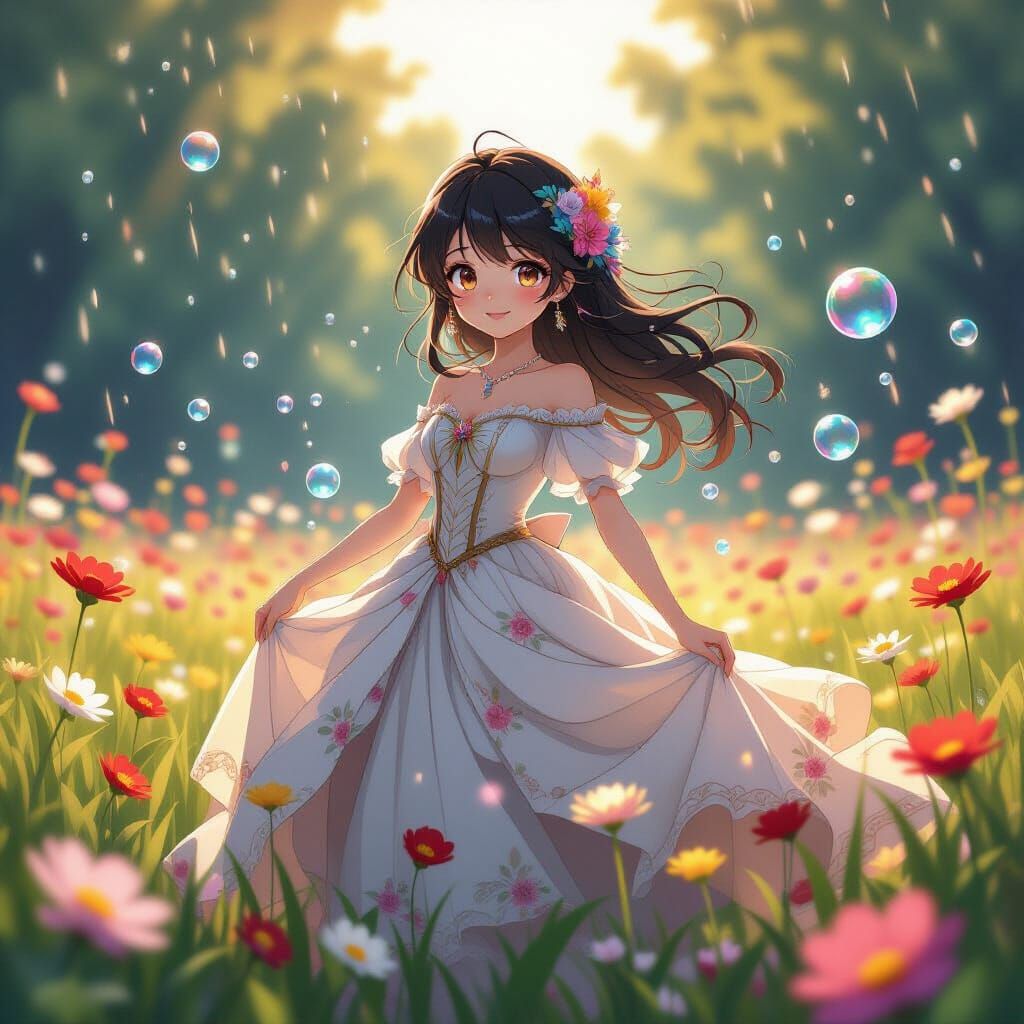 Anime Girl in Flower Field, Ghibli Style