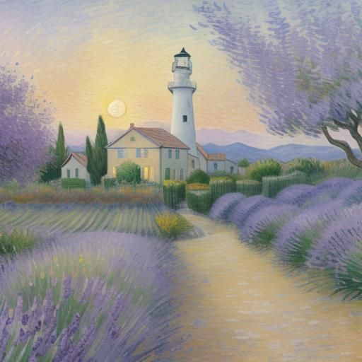 Impressionist Watercolor of a Lemon Tree in a Lavender Field