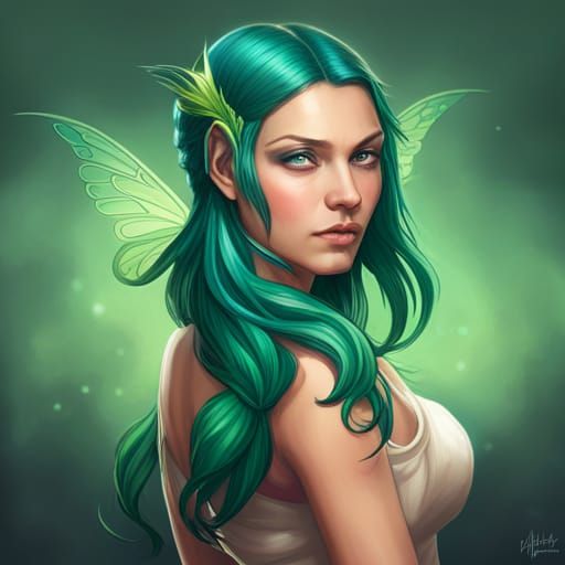 Green Haired Fairy Portrait in Art Nouveau Style
