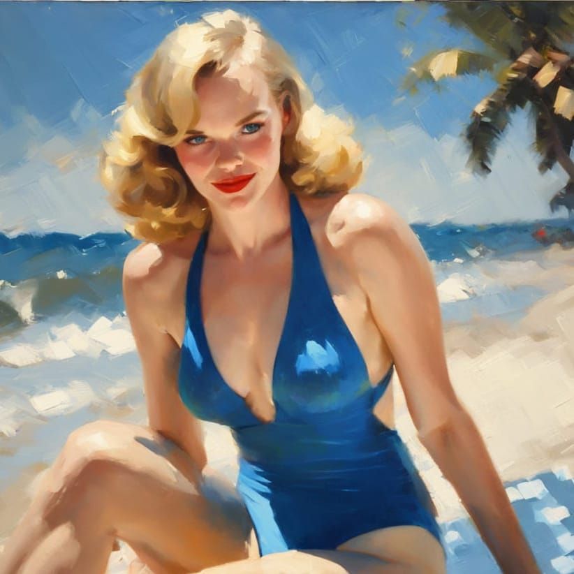 Retro Beach Beauty in Impressionistic Oil Painting