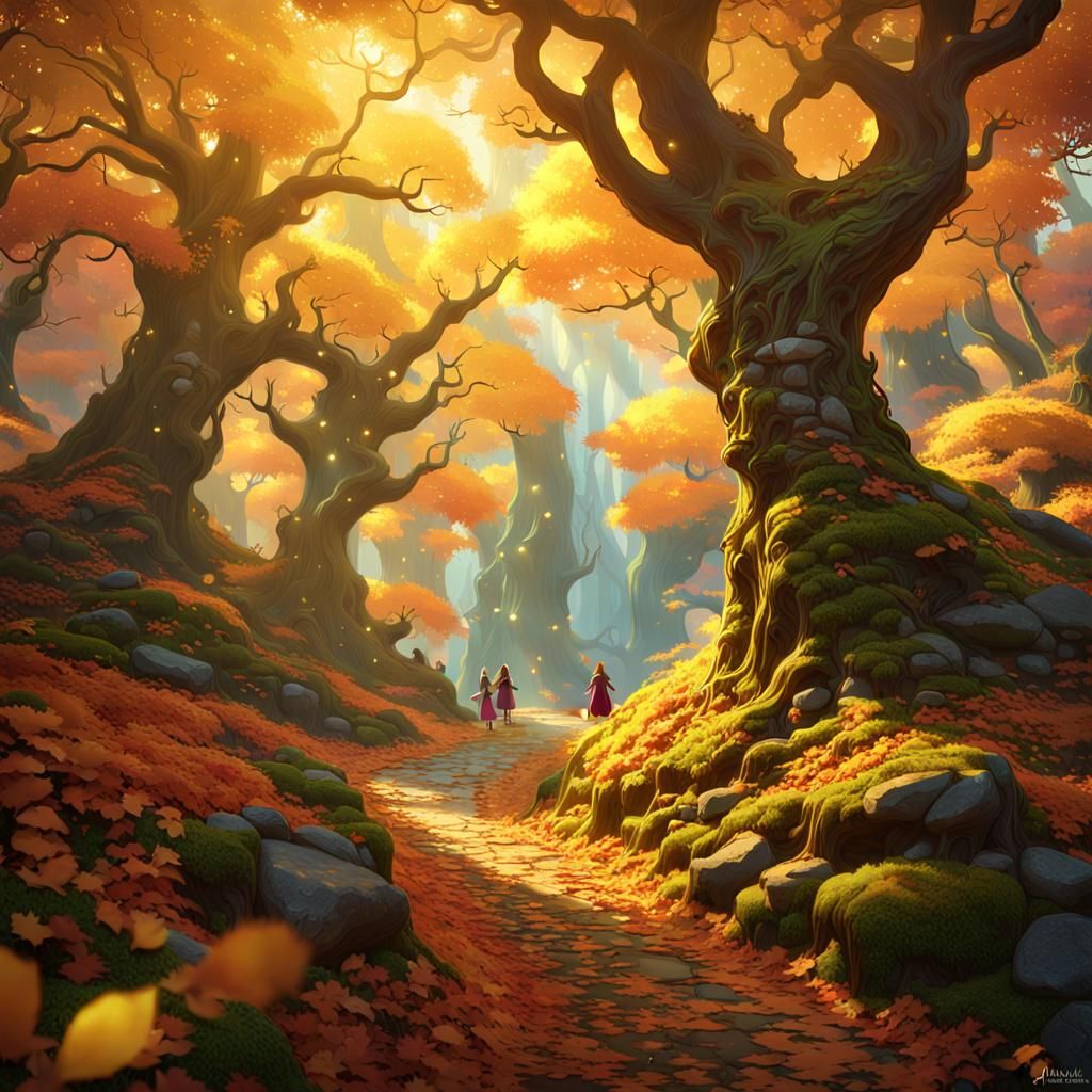 Elven Wonderland in Autumn Forest: Dark Fantasy Art