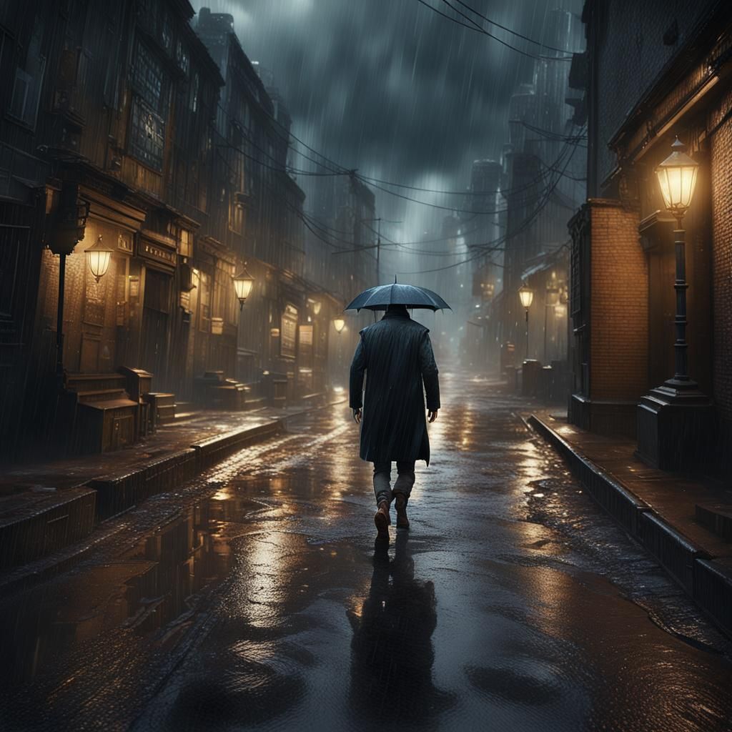 Solitary Figure in Rainy Street: Detailed Matte Painting