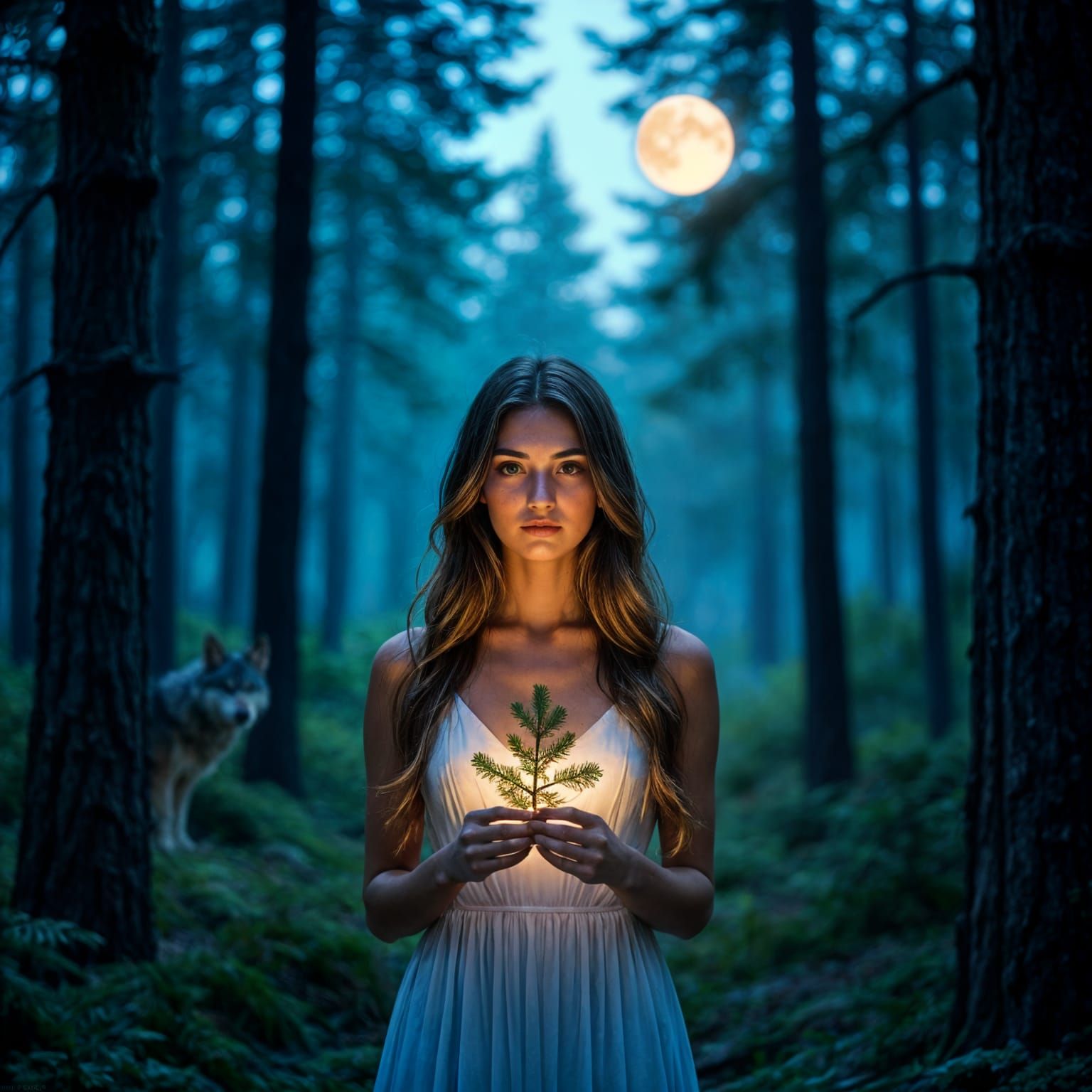 Glowing Woman in Mystical Twilight Forest with Giant Moon